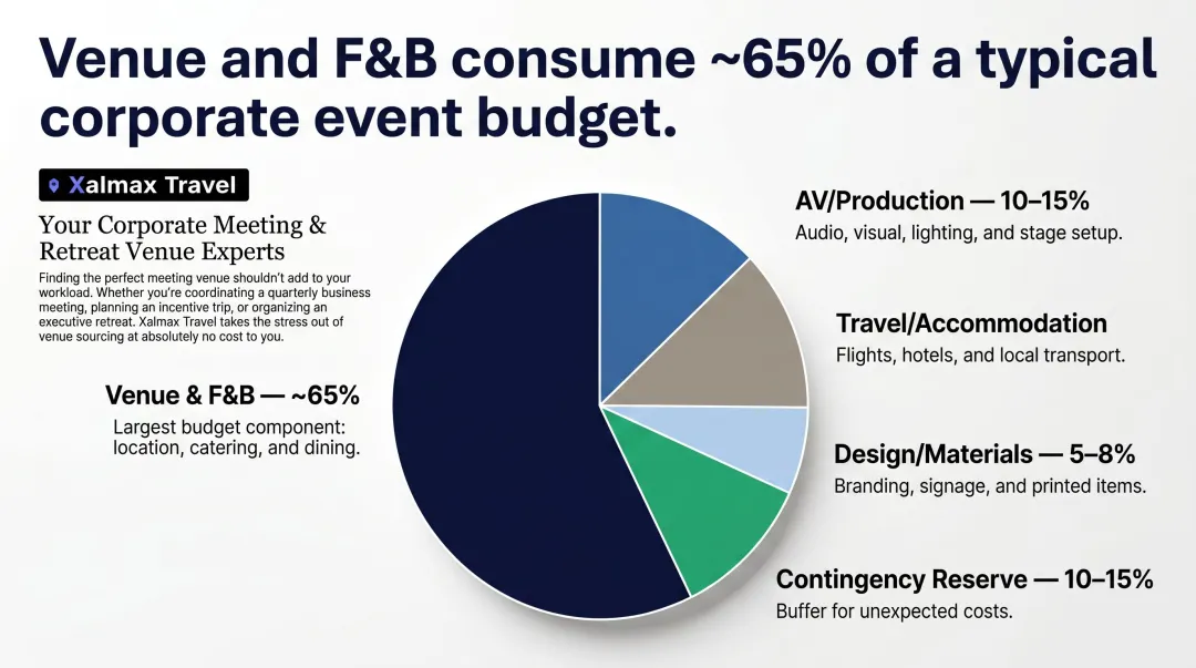 Chart showing venue and F&B consume roughly 65% of a typical corporate event budget