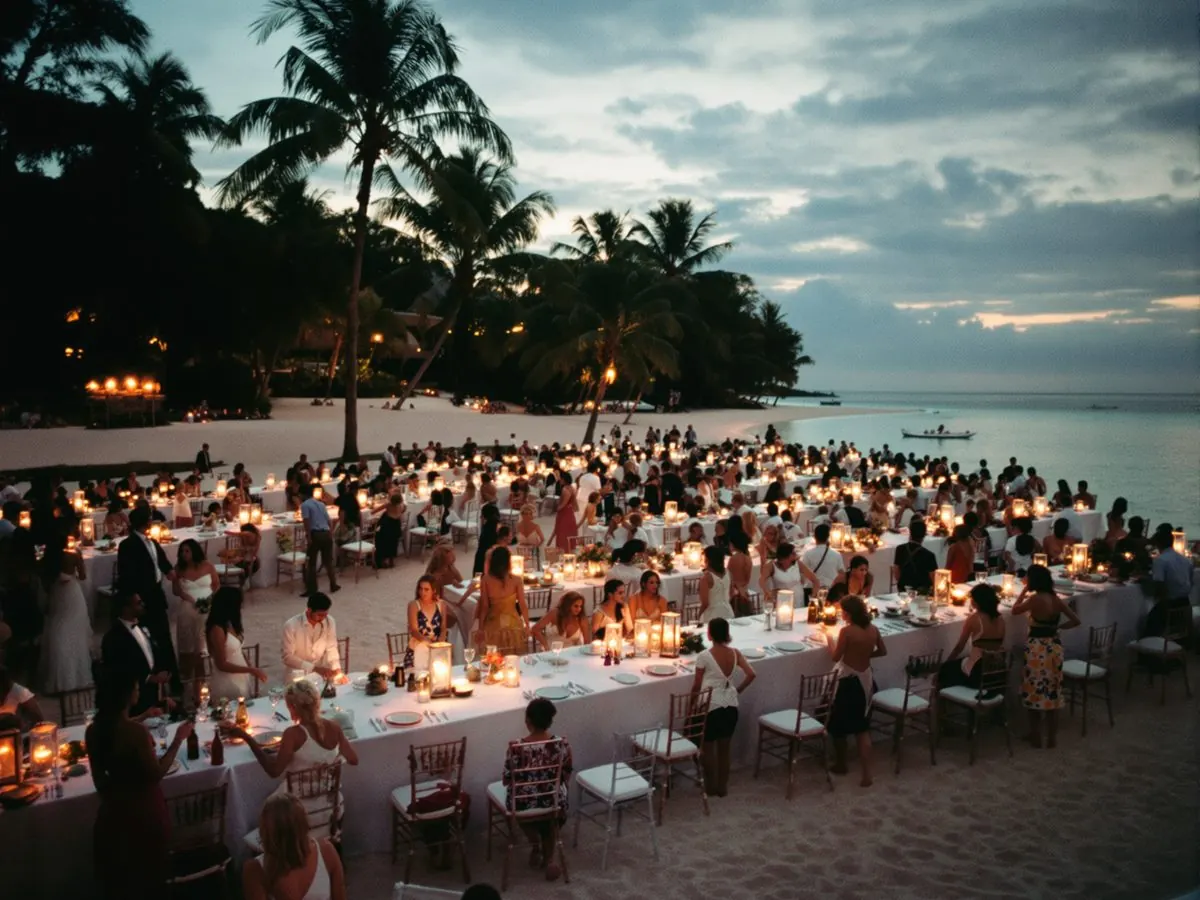 Presidents Club awards dinner set on a Caribbean beach at sunset