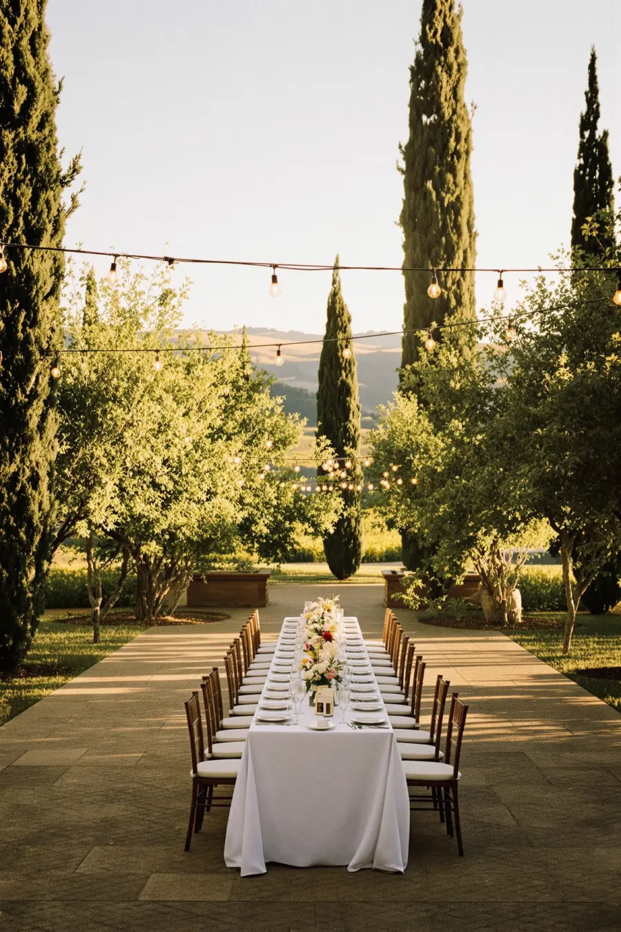 Long dinner table under string lights in a Tuscan villa courtyard