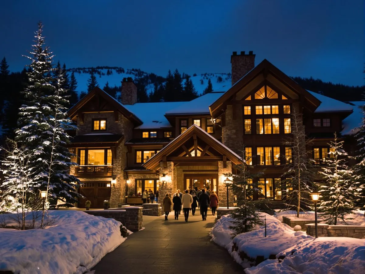 Mountain lodge in Aspen at winter dusk with guests arriving