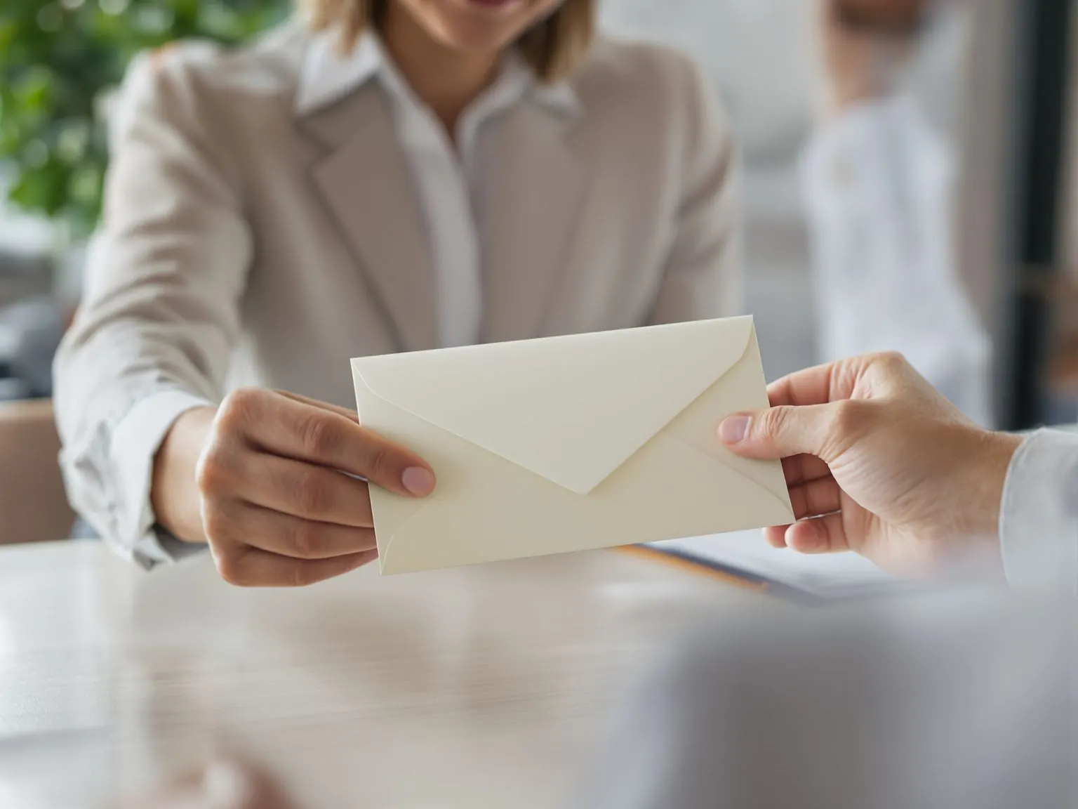 Office manager handing a colleague an envelope of reward cards across a desk