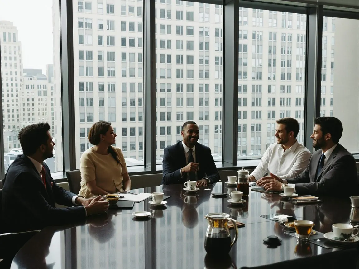 Leadership meeting in a Midtown Manhattan hotel meeting room with skyline windows