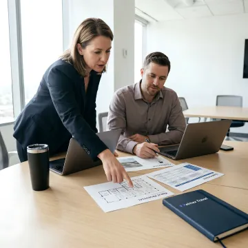 Corporate team reviewing venue options together at a conference table