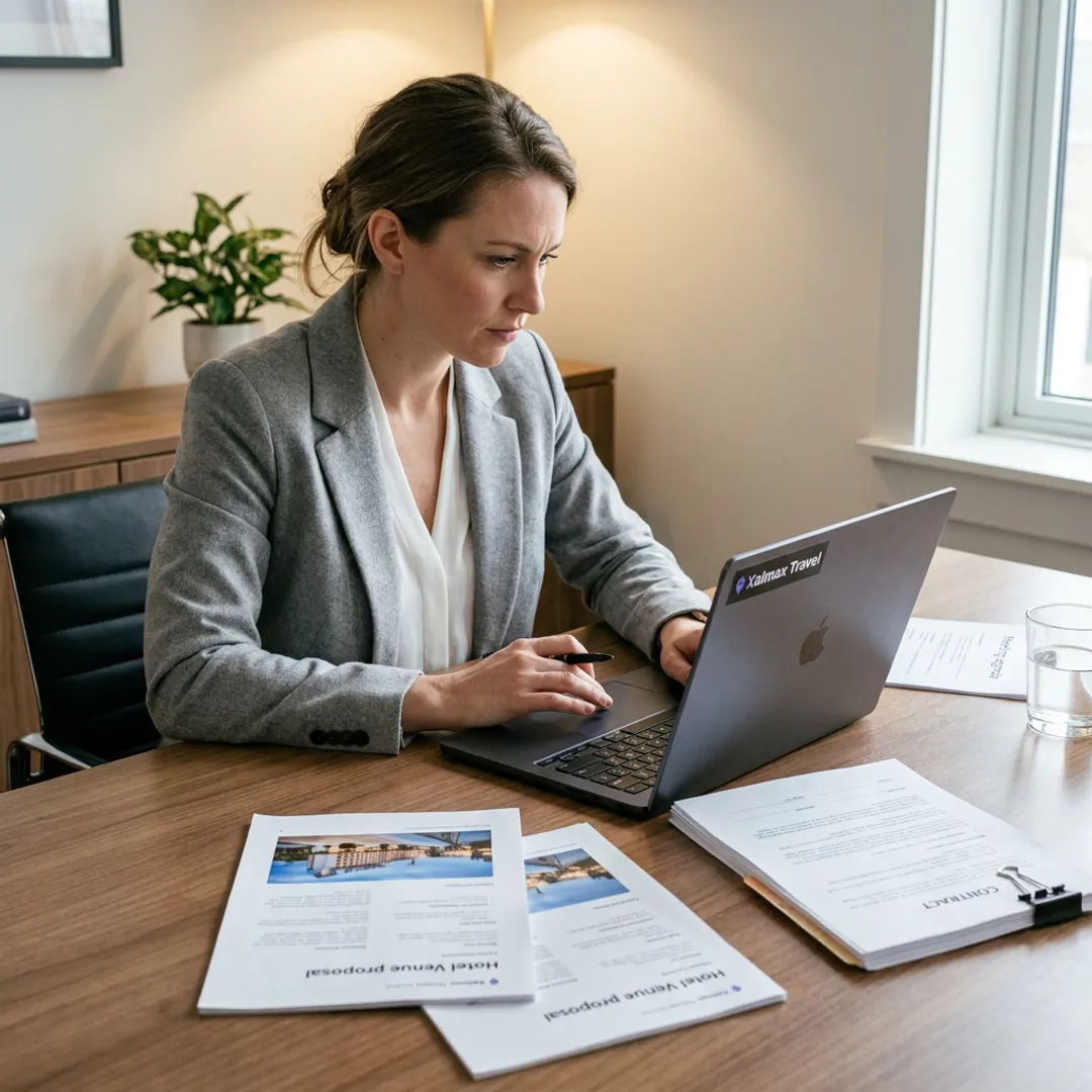 Xalmax advisor reviewing a hotel venue proposal at a desk